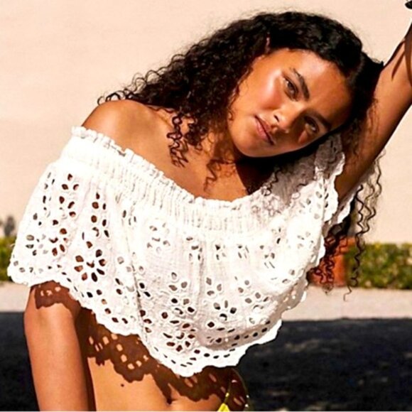 016 Free People’s FP One Perla Eyelet Lace Off-shoulder White NWOT Size Large - Picture 1 of 6